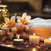 Spa setting with a lit candle, fluffy towels, and fragrant flowe Spa setting with a lit candle, fluffy towels, and fragrant flowers promotes relaxation